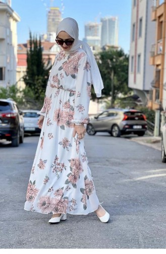 Büyük Çiçekli Şifon Elbise Beyaz