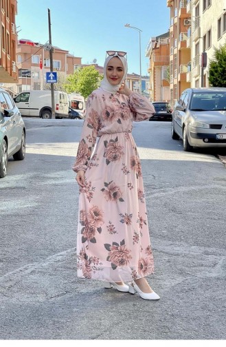 Büyük Çiçekli Şifon Elbise Pudra