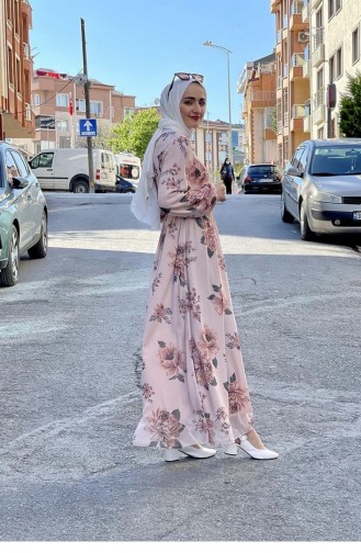 Büyük Çiçekli Şifon Elbise Pudra