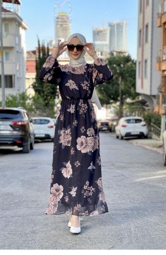 Büyük Çiçekli Şifon Elbise Siyah