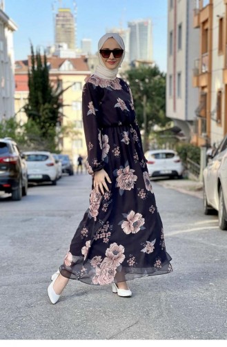 Büyük Çiçekli Şifon Elbise Siyah