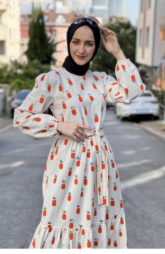Ananas Desenli Keten Elbise Turuncu
