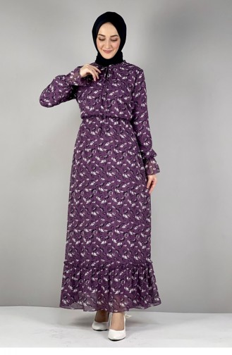 Çiçekli Şifon Elbise Mürdüm