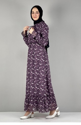 Çiçekli Şifon Elbise Mürdüm