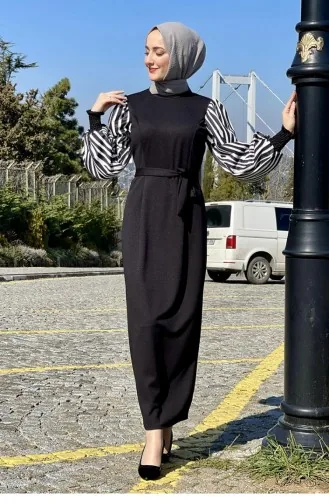 Kolları Zebra Desen Elbise Siyah