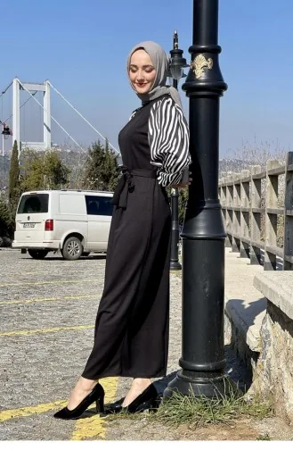 Kolları Zebra Desen Elbise Siyah