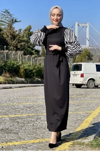 Kolları Zebra Desen Elbise Siyah