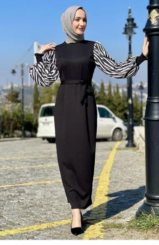 Kolları Zebra Desen Elbise Siyah