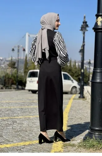 Kolları Zebra Desen Elbise Siyah