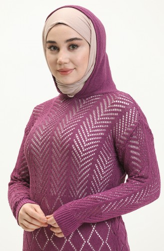 Kapüşonlu Delikli Triko Kazak 1091-04 Mor