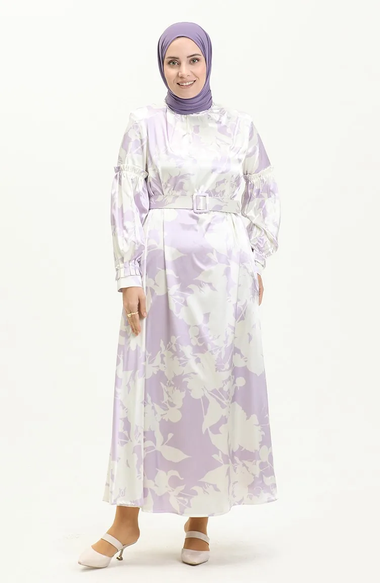Satin Kleid mit Gürtel 0008-02 Lila 0008-02