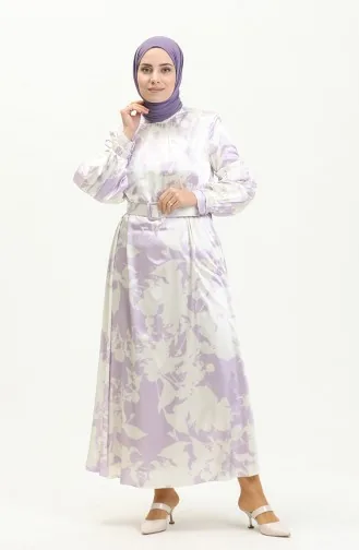 Satin Kleid mit Gürtel 0008-02 Lila 0008-02