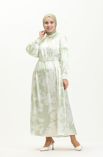 Satin Kleid mit Gürtel 0008-01 Grün 0008-01