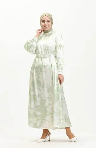 Robe en Satin avec Ceinture 0008-01 Vert 0008-01