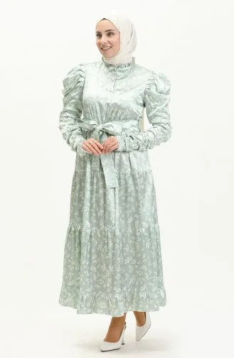 Robe Plissée en Satin avec Ceinture 0009-03 Vert Menthe 0009-03