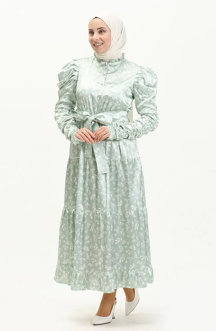 Robe Plissée en Satin avec Ceinture 0009-03 Vert Menthe 0009-03