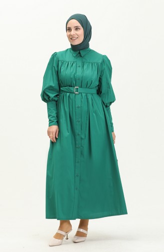 Robalı Kemerli Elbise 0010-04 Zümrüt Yeşili