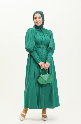Robalı Kemerli Elbise 0010-04 Zümrüt Yeşili