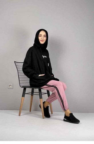 Şerit Detaylı Eşofman Altı Pudra Siyah