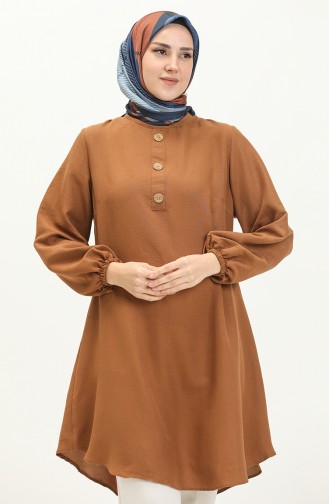 Button Detailed Elastic Sleeve Tunic 1841-02 Tan 1841-02