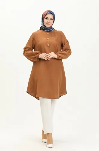 Button Detailed Elastic Sleeve Tunic 1841-02 Tan 1841-02