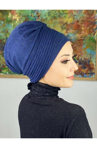 Bonnet Extérieur Drapé Sur Le Côté Argenté Modèle Saray 34ARA181222-11 Bleu Marine 34ARA181222-11