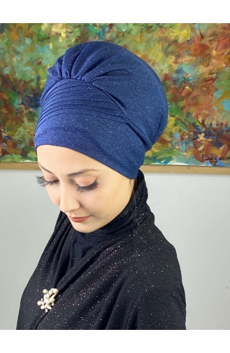 Bonnet Extérieur Drapé Sur Le Côté Argenté Modèle Saray 34ARA181222-11 Bleu Marine 34ARA181222-11