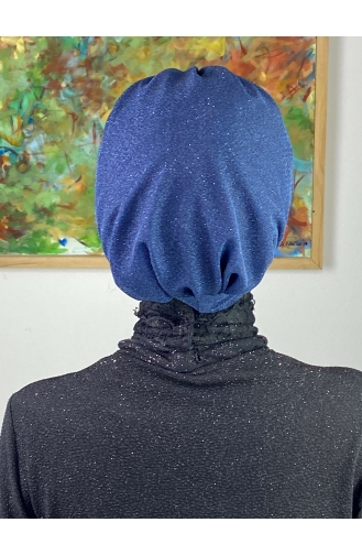 Bonnet Extérieur Drapé Sur Le Côté Argenté Modèle Saray 34ARA181222-11 Bleu Marine 34ARA181222-11