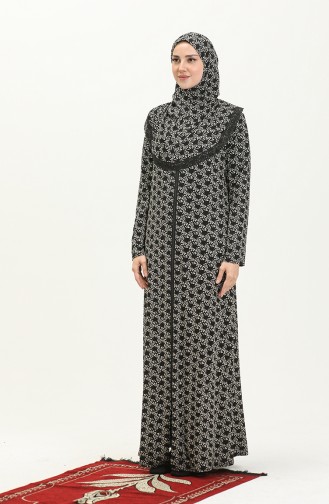 Fermuarlı Emprime Namaz Elbisesi 4487C-01 Siyah