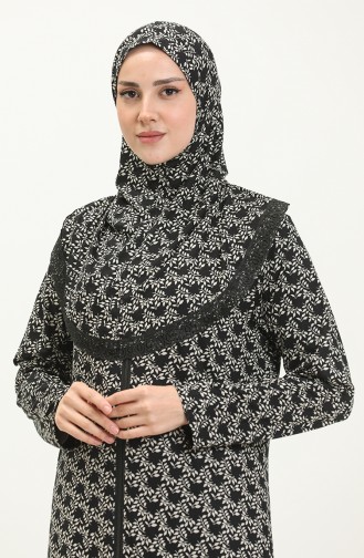 Fermuarlı Emprime Namaz Elbisesi 4487C-01 Siyah