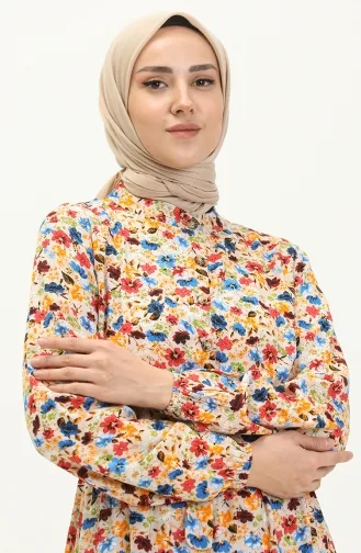 Çiçek Desenli Viskon Elbise Bej