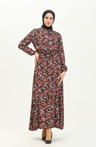 Flower Patterned Viscose Dress 0277-01 Black 0277-01