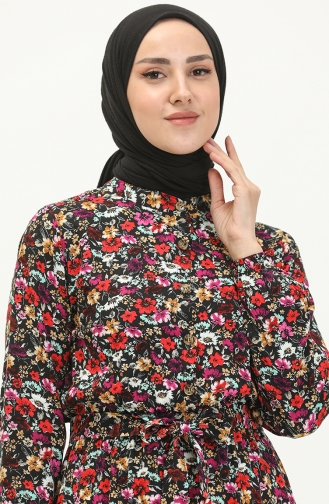 Flower Patterned Viscose Dress 0277-01 Black 0277-01