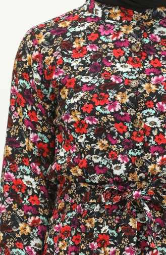 Flower Patterned Viscose Dress 0277-01 Black 0277-01