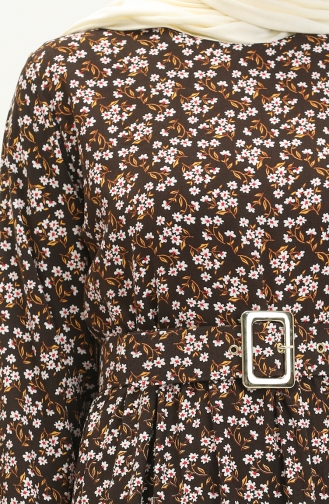 Çiçek Desenli Kemerli Elbise 5060-01 Siyah