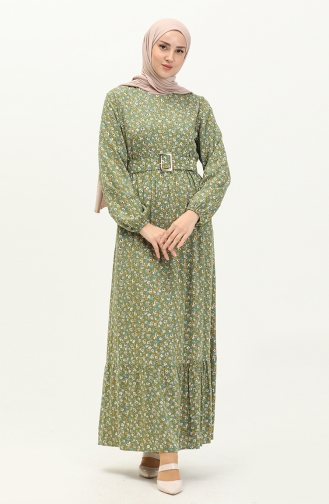 Robe à Ceinture à Motif Floral 5060-04 Khaki 5060-04