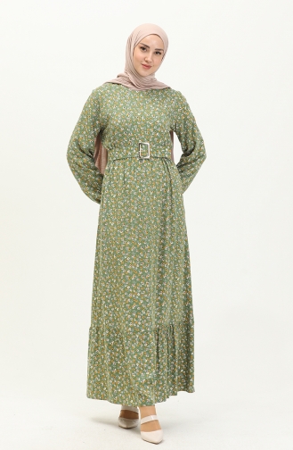 Robe à Ceinture à Motif Floral 5060-04 Khaki 5060-04