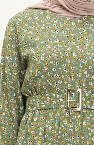 Robe à Ceinture à Motif Floral 5060-04 Khaki 5060-04