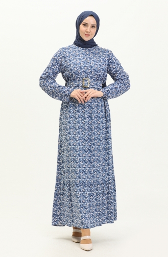 Kleid mit Gürtel und Blumenmuster 5060-06 Indigo 5060-06