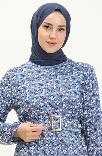 Robe à Ceinture à Motif Floral 5060-06 İndigo 5060-06