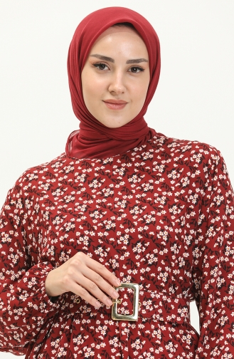 فستان بنقش زهور بحزام 5060-07 أحمر غامق 5060-07
