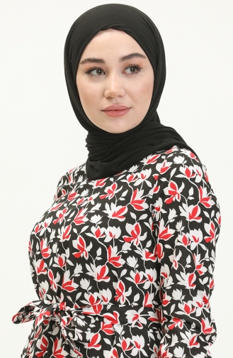 فستان منقوش بحزام 1082-03 أسود 1082-03
