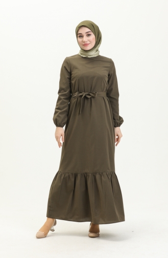 Robe Ceinturée avec Jupe Plissée 1081-06 Vert Khaki 1081-06