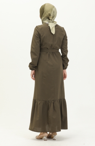 Robe Ceinturée avec Jupe Plissée 1081-06 Vert Khaki 1081-06
