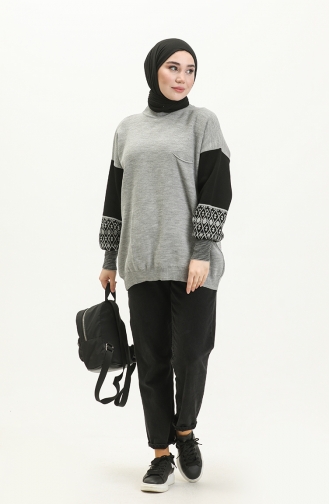 Ethnic Patterned Knit Sweater 22168-01 Gray 22168-01