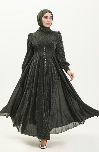 Buttoned Silvery Evening Dress Khaki 13200 13362