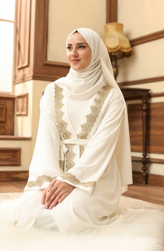 Oyya Belted Baroque Embroidered Cotton Prayer Dress 238415-01 Ecru 238415-01