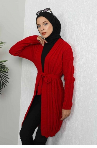 Kuşaklı Triko Hırka Kırmızı