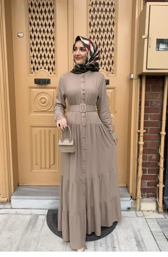 Düğmeli Tesettür Elbise Vizon