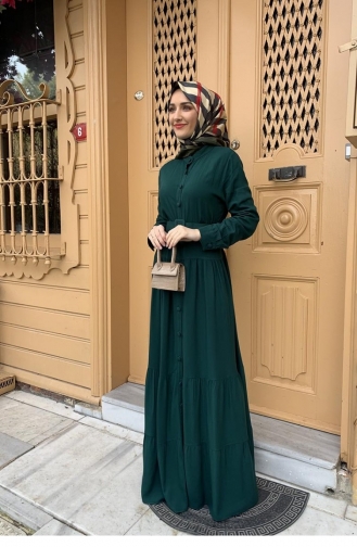 Düğmeli Tesettür Elbise Zümrüt